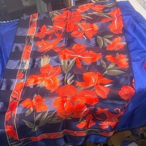 Floral Silk Scarf with Red and Blue Design 40”‎ x 40”
